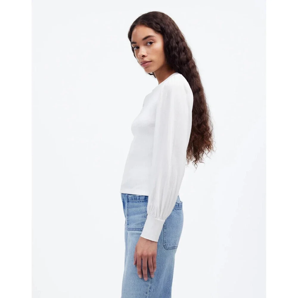 Madewell NU768 Top Womens Small White Cotton Ribbed Puff Sleeve Crew Neck RED101